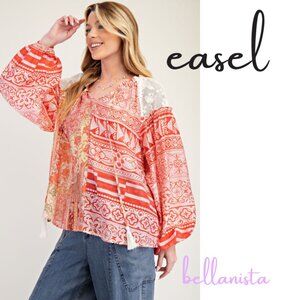 2595 🌻EASEL Tomato Red Print Mix Flowy Long Sleeve Blouse